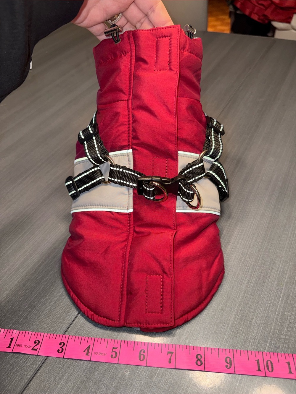 XS Red Quilted Dog Coat with Reflective Harness Straps and Fleece Lining